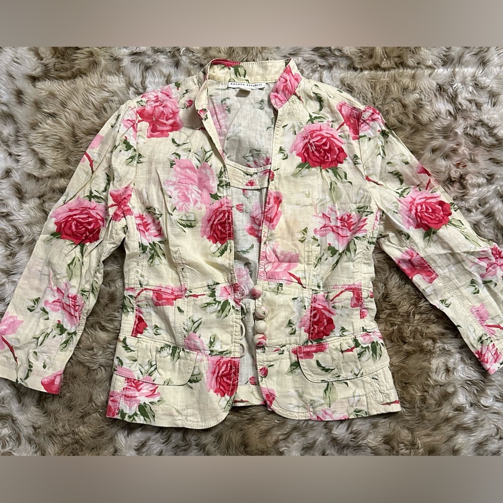 Banana Republic Vintage Roses Flora Jacket Linen Cotton Blazer Rose Fit Waist 2